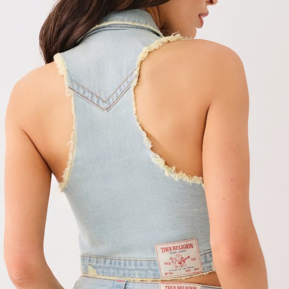 True Religion denim Blue vest cropped distressed NWT S - Picture 2 of 11